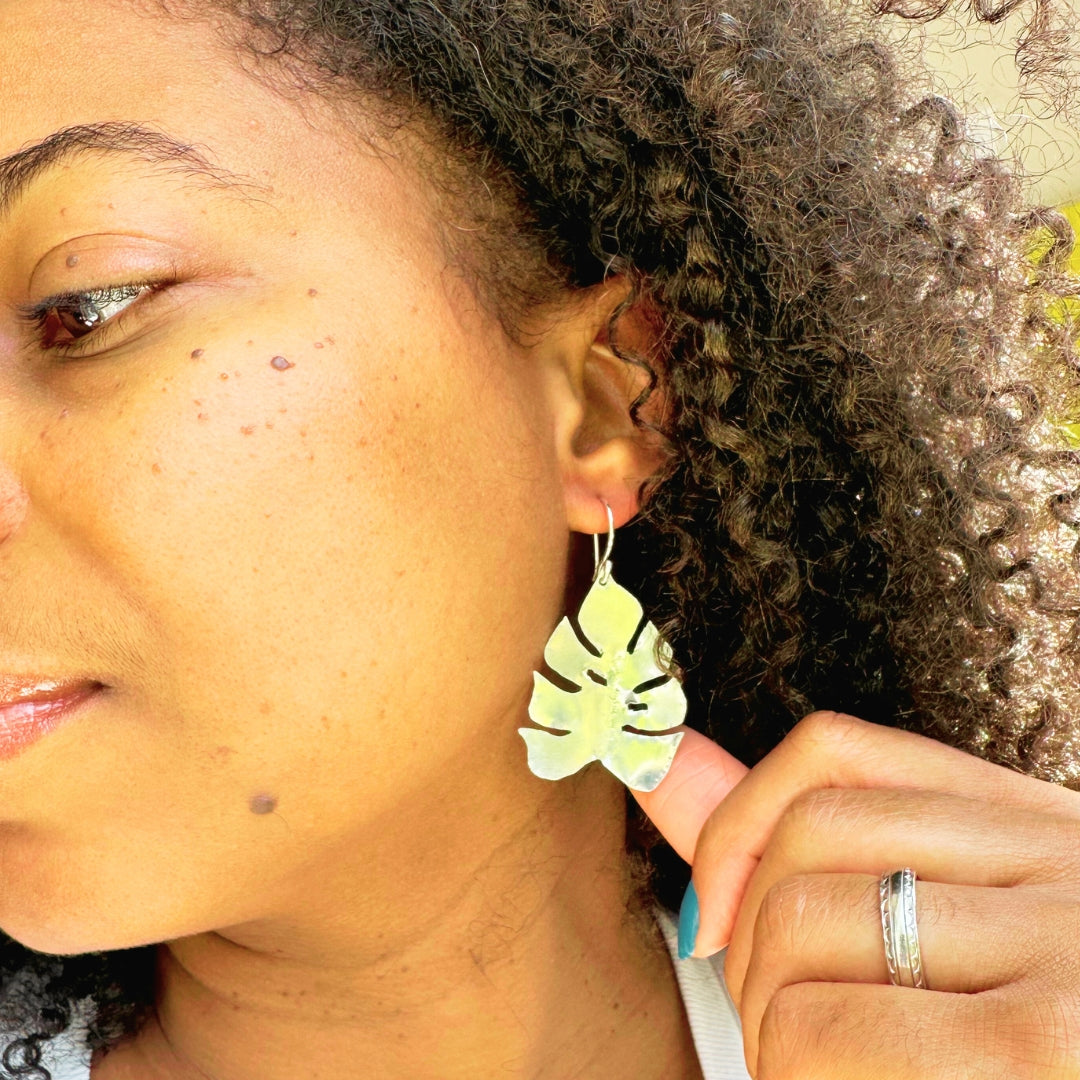 Breadfruit Leaf Silver Dangle Earring - Tropical Leaf - Nickel-Free Hypoallergenic