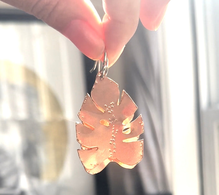 Breadfruit Leaf Copper and Silver Dangle Earring - Tropical Leaf - Nickel-Free Hypoallergenic - The Pink Locket