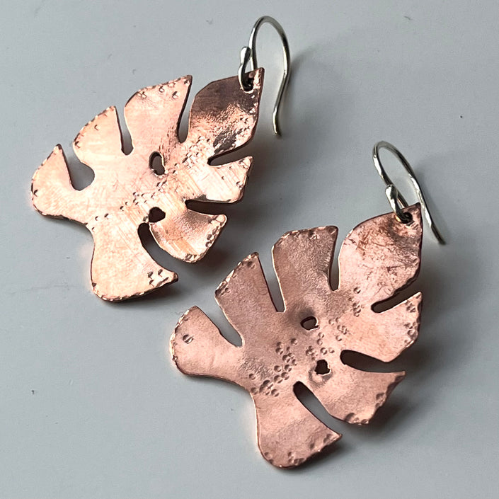 Breadfruit Leaf Copper and Silver Dangle Earring - Tropical Leaf - Nickel-Free Hypoallergenic - The Pink Locket