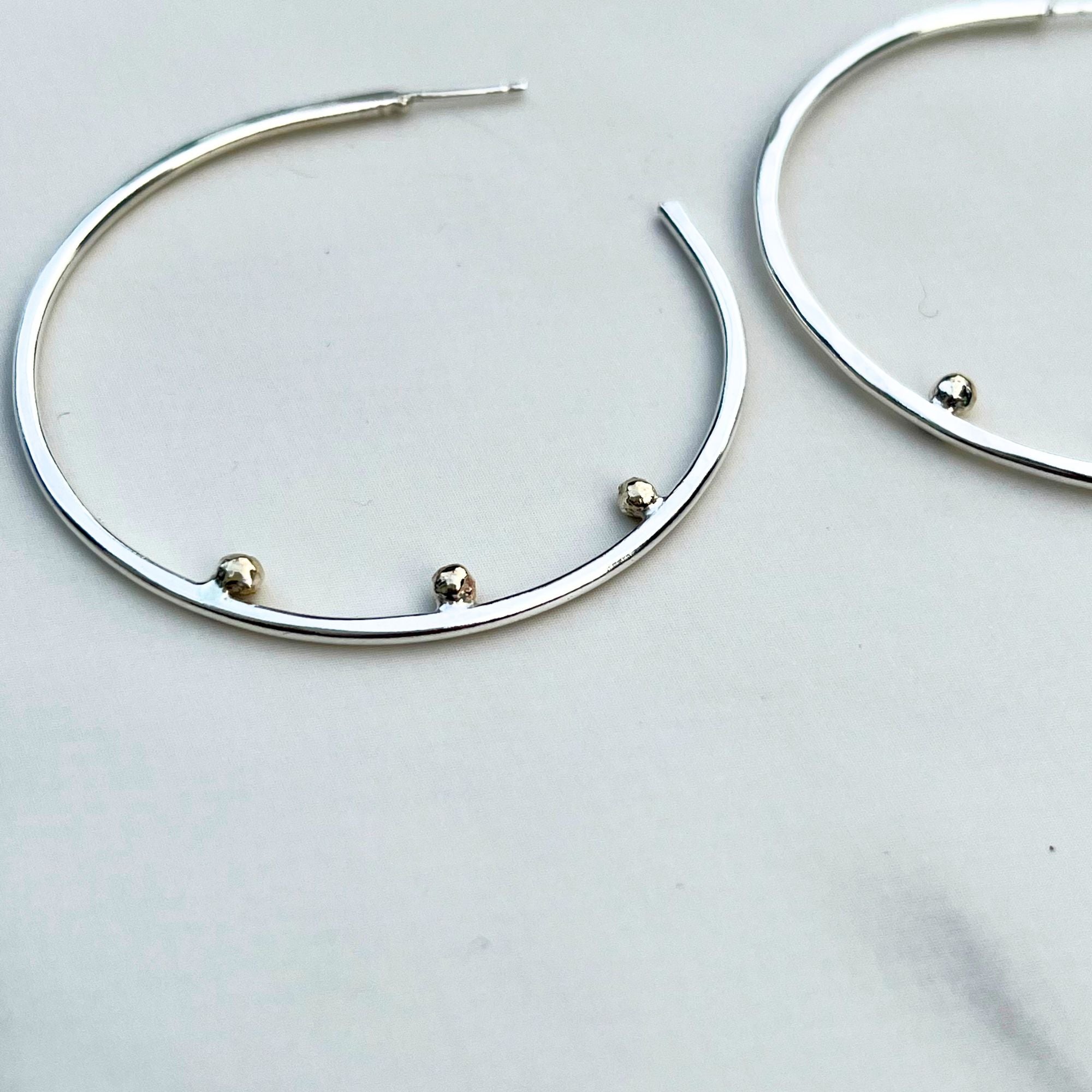 Argentium Silver Hammered Hoop Earrings with 14K Solid Gold Pebble