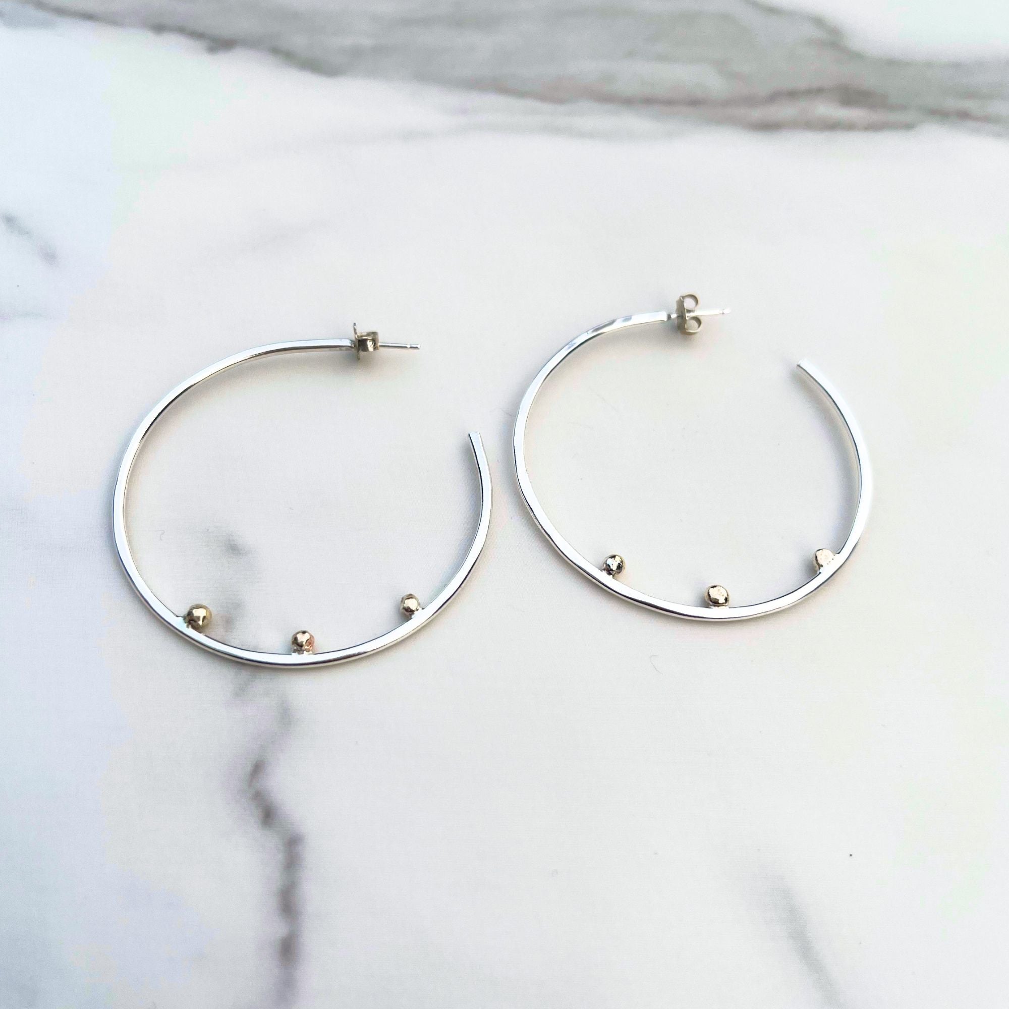Argentium Silver Hammered Hoop Earrings with 14K Solid Gold Pebble