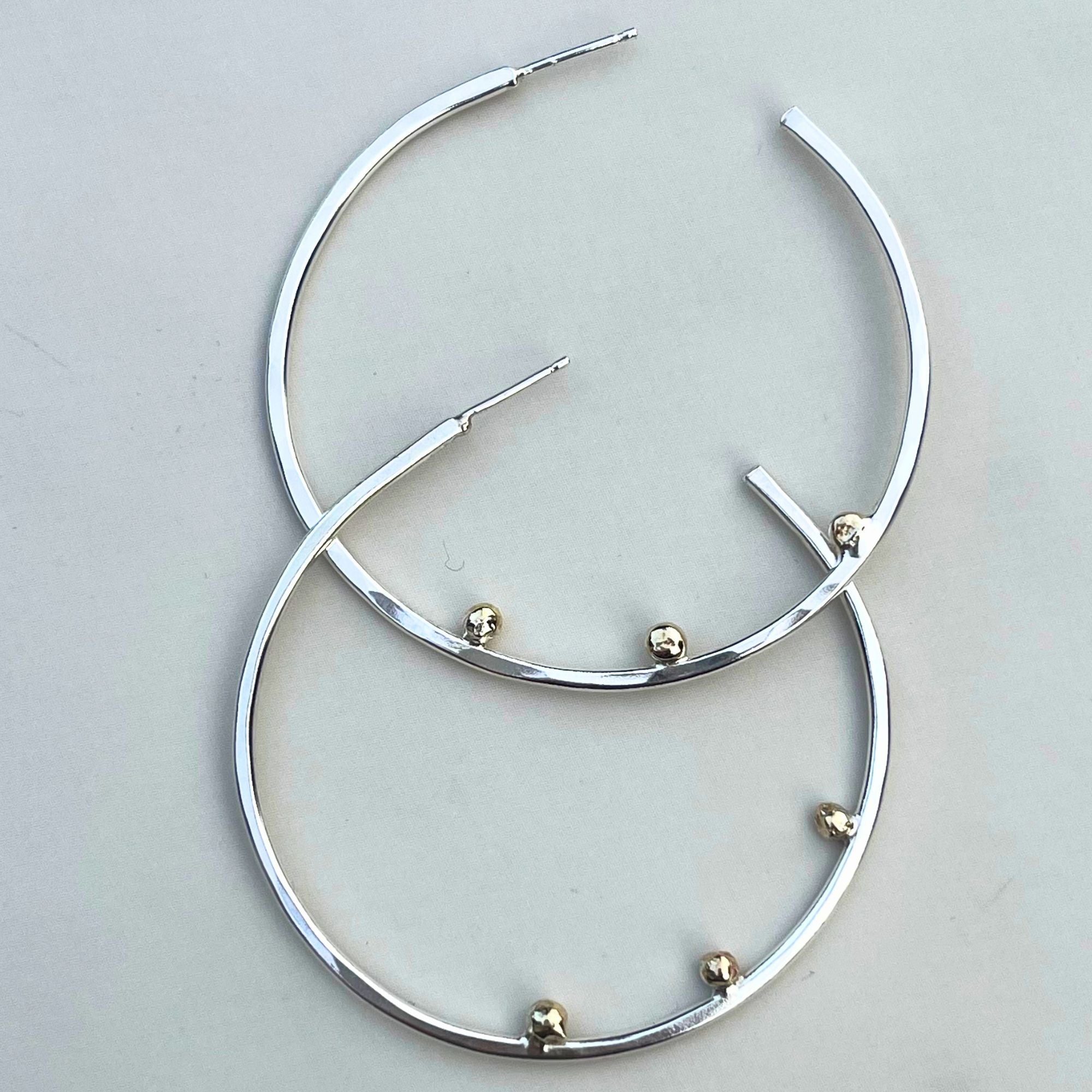 Argentium Silver Hammered Hoop Earrings with 14K Solid Gold Pebble