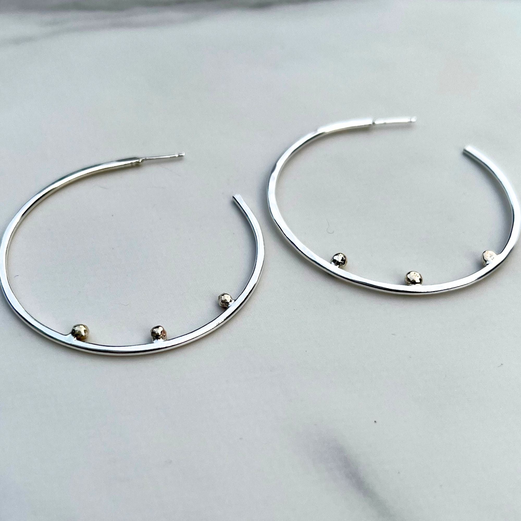 Argentium Silver Hammered Hoop Earrings with 14K Solid Gold Pebble