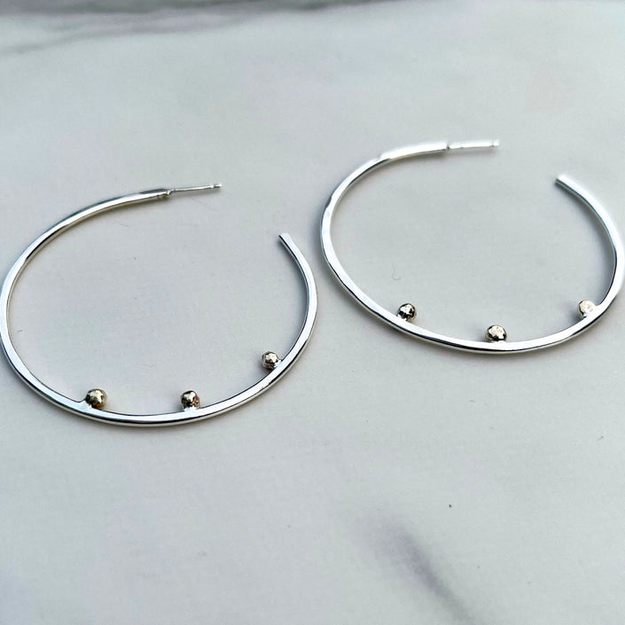 Argentium Silver Hammered Hoop Earrings with 14K Solid Gold Pebble