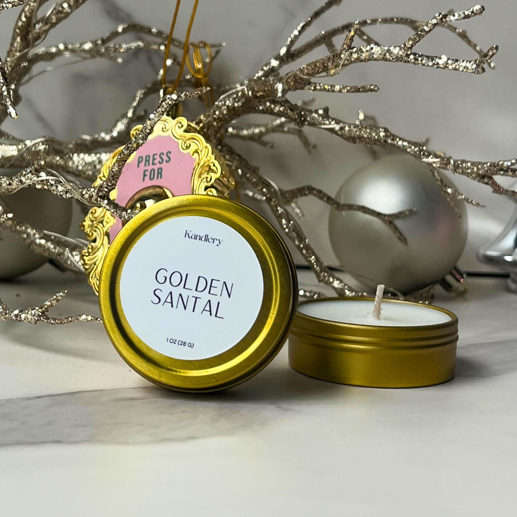 Golden Santal Holiday Candle Ornament – Luxury Scented Candle by Kandlery (1 oz)