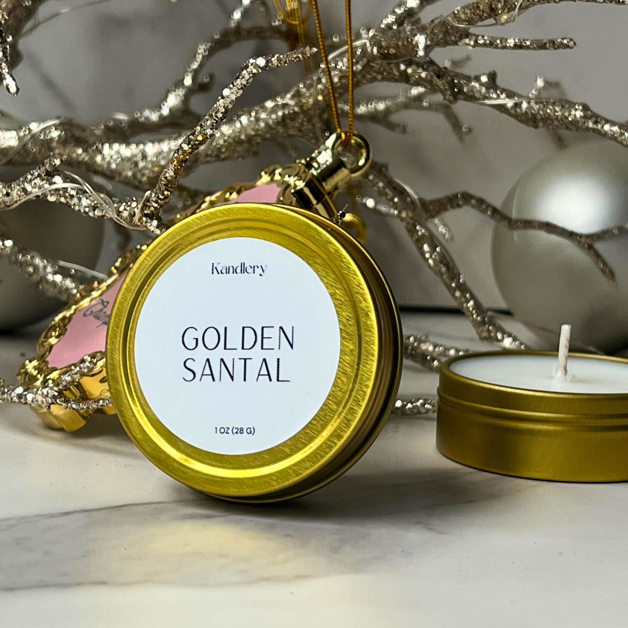Golden Santal Holiday Candle Ornament – Luxury Scented Candle by Kandlery (1 oz)