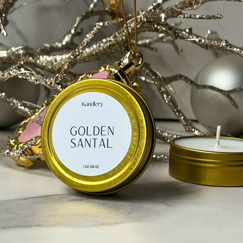 Golden Santal Holiday Candle Ornament – Luxury Scented Candle by Kandlery (1 oz)