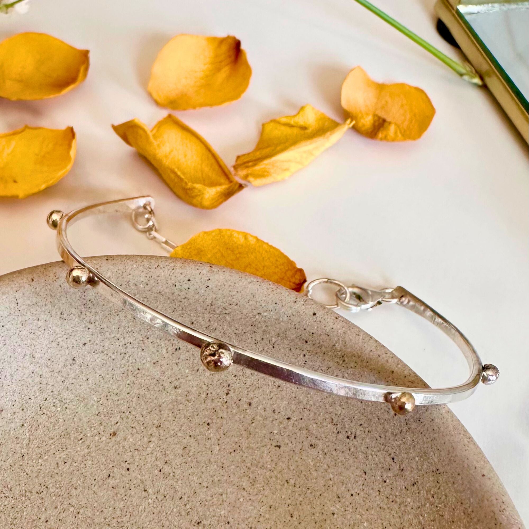 Adjustable Argentium Silver Bangle with 14kt Solid Gold Pebble Beads – Handmade & Nickel-Free