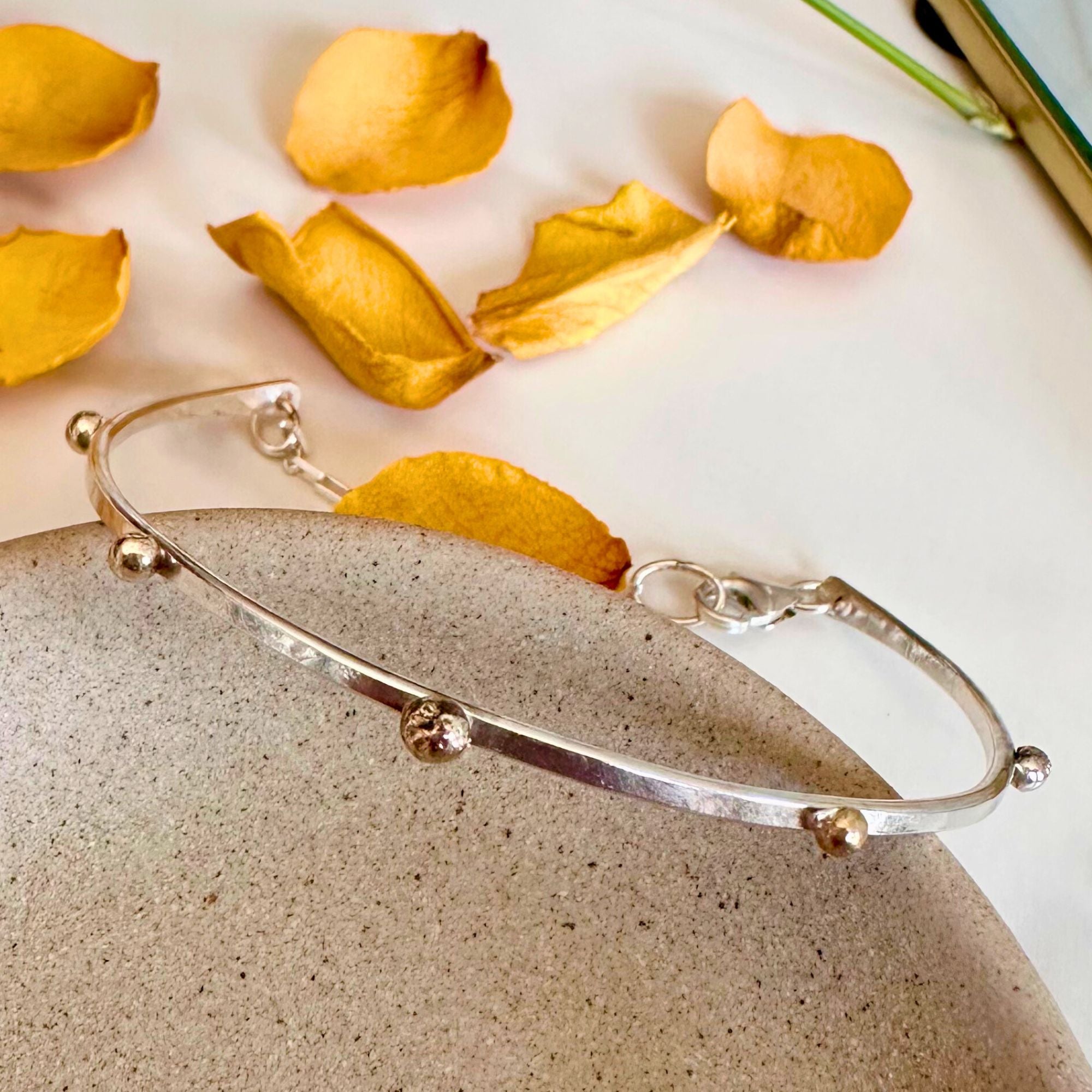 Adjustable Argentium Silver Bangle with 14kt Solid Gold Pebble Beads – Handmade & Nickel-Free