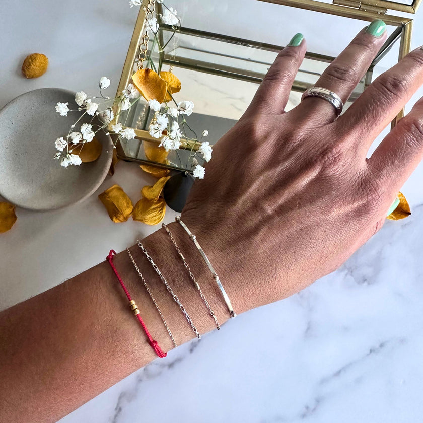 Adjustable Argentium Silver Bangle with 14kt Solid Gold Pebble Beads – Handmade & Nickel-Free