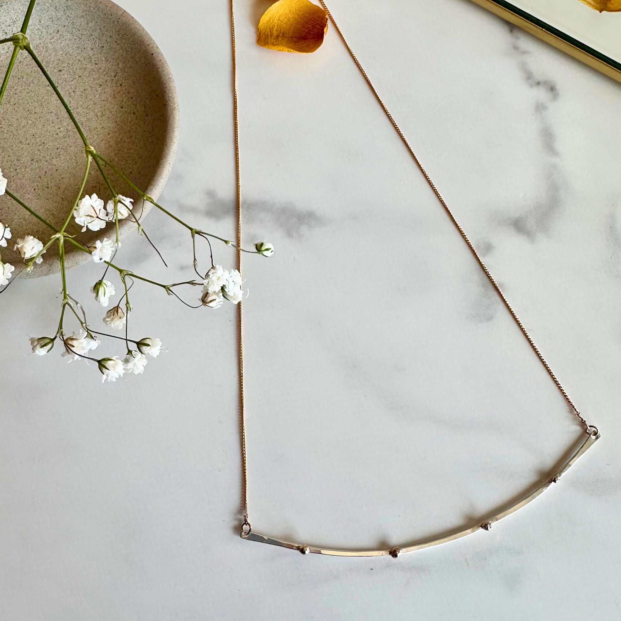 Mixed Metal Bar Necklace – Argentium Silver & 14kt Solid Gold Pebble Beads on Gold-Filled Chain