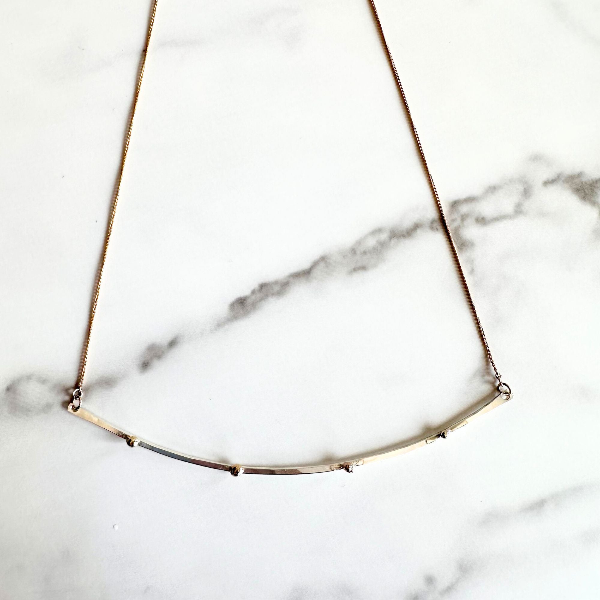 Mixed Metal Bar Necklace – Argentium Silver & 14kt Solid Gold Pebble Beads on Gold-Filled Chain