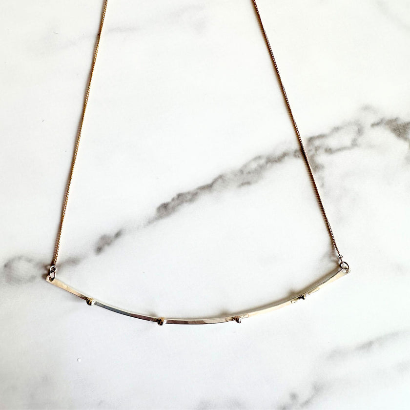Mixed Metal Bar Necklace – Argentium Silver & 14kt Solid Gold Pebble Beads on Gold-Filled Chain