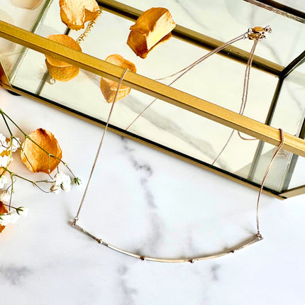 Mixed Metal Bar Necklace – Argentium Silver & 14kt Solid Gold Pebble Beads on Gold-Filled Chain