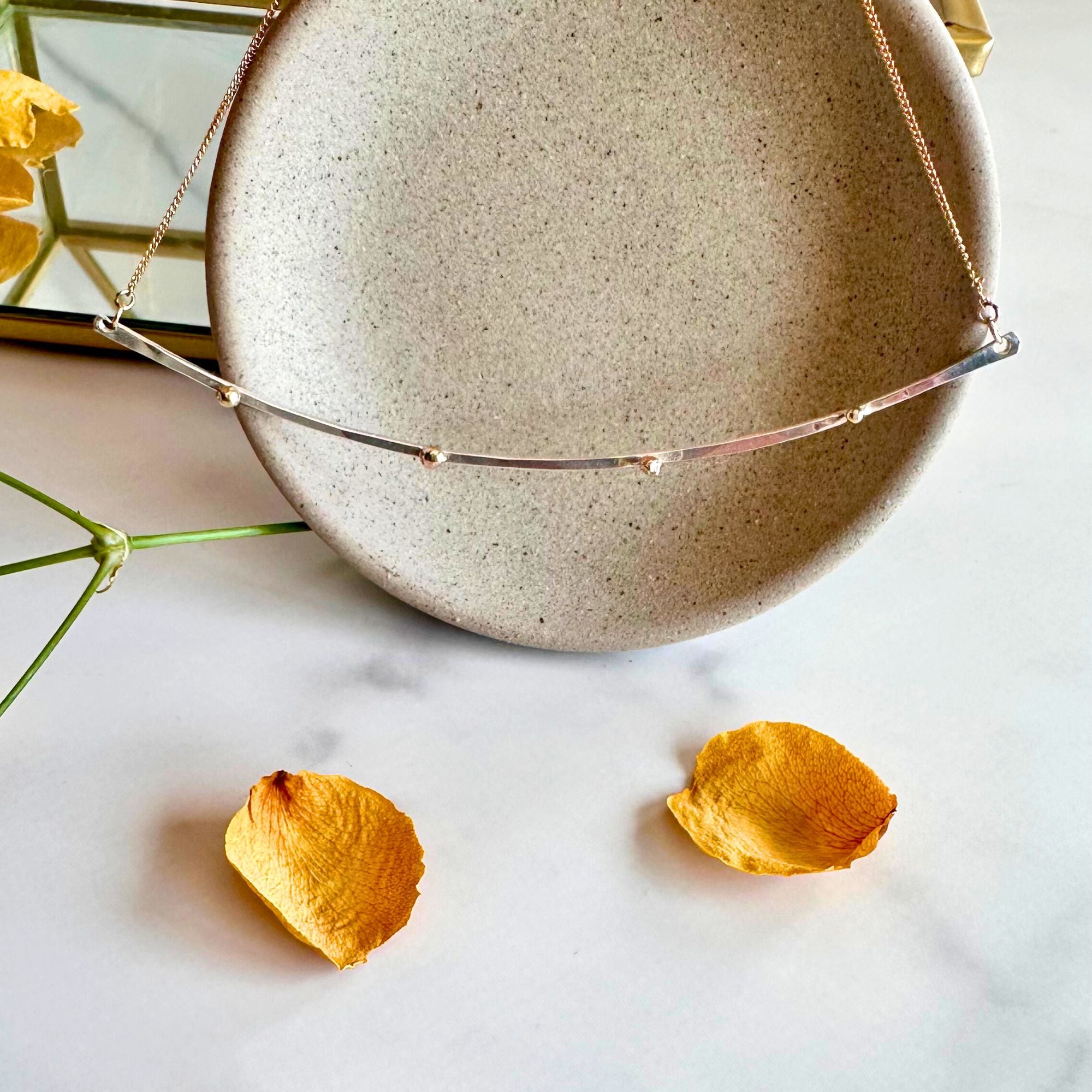 Mixed Metal Bar Necklace – Argentium Silver & 14kt Solid Gold Pebble Beads on Gold-Filled Chain