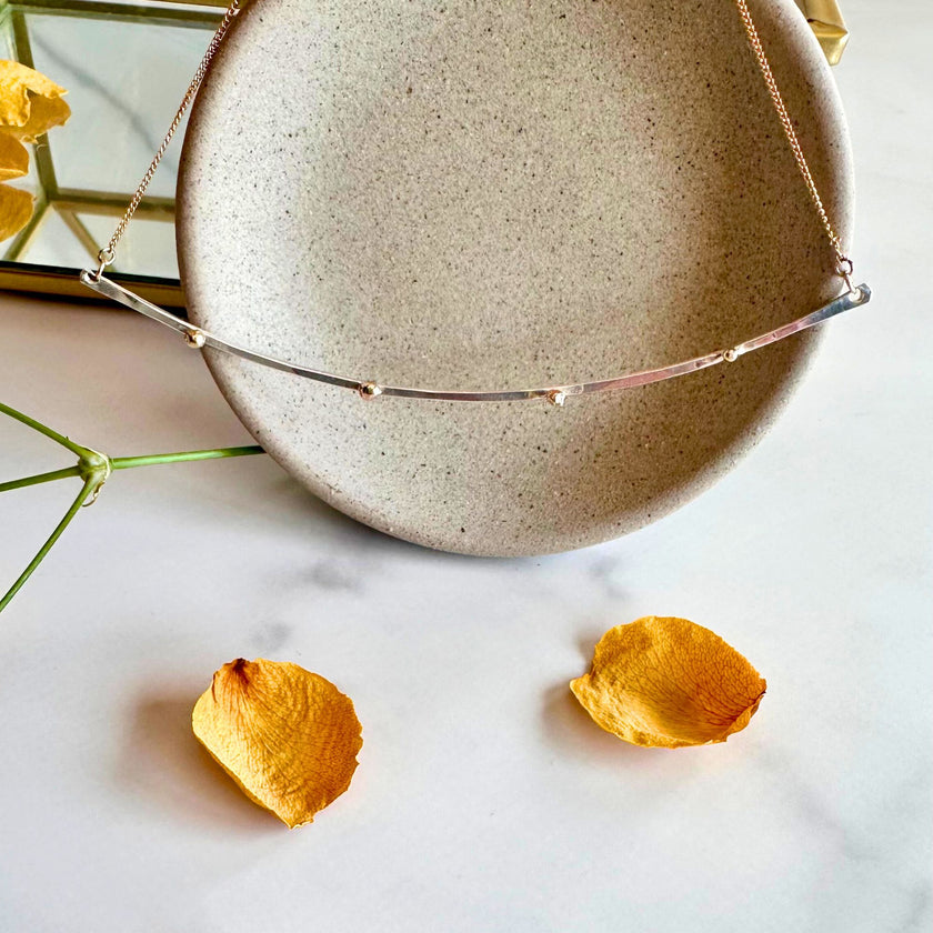 Mixed Metal Bar Necklace – Argentium Silver & 14kt Solid Gold Pebble Beads on Gold-Filled Chain