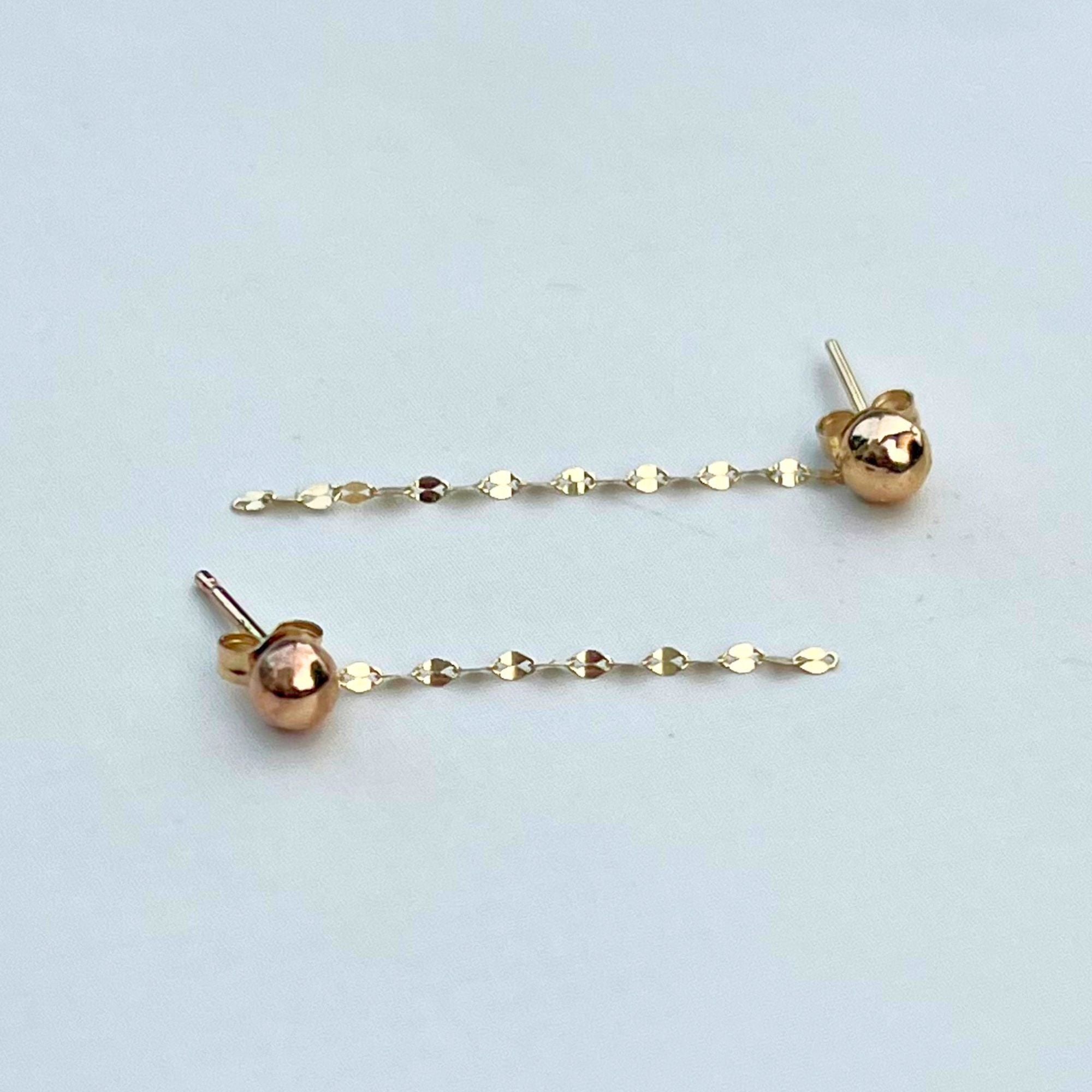 14kt Gold Pebble Stud Drop Chain Earring