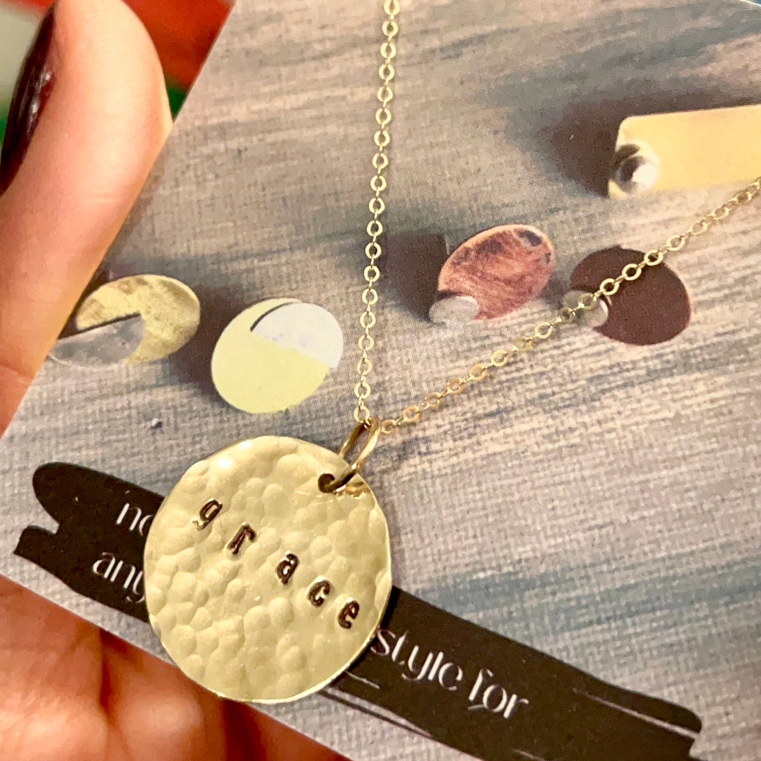 Gold Stamped Disc Coin Necklace - Hammered or Smooth Finish 14k gold-filled